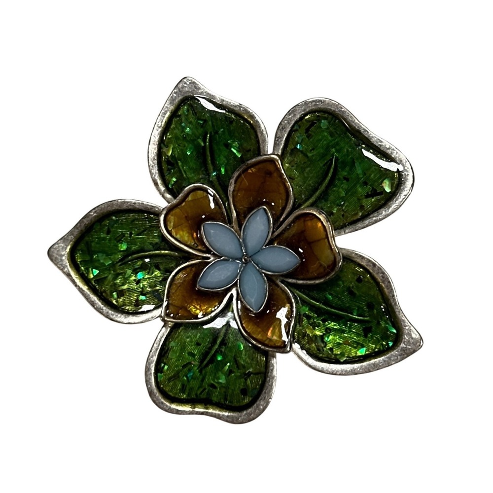 Liz Claiborne Flower Brooch Green Enamel Glitter Floral Pin Silver Tone LC Logo